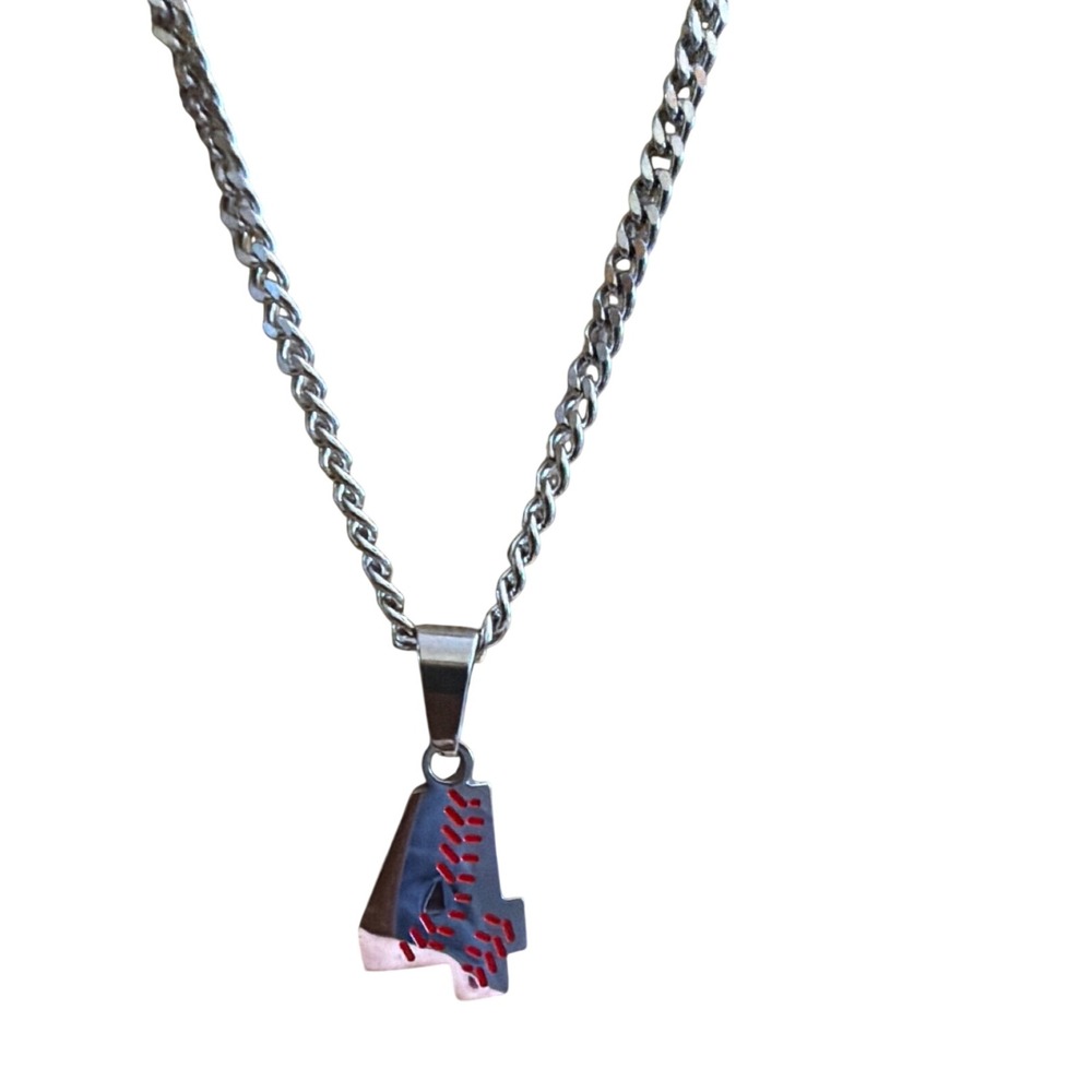 Silver Baseball Stitch Number 4 Pendant Necklace Curb Chain Sports Athlete